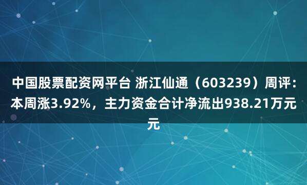 中国股票配资网平台 浙江仙通（603239）周评：本周涨3.92%，主力资金合计净流出938.21万元